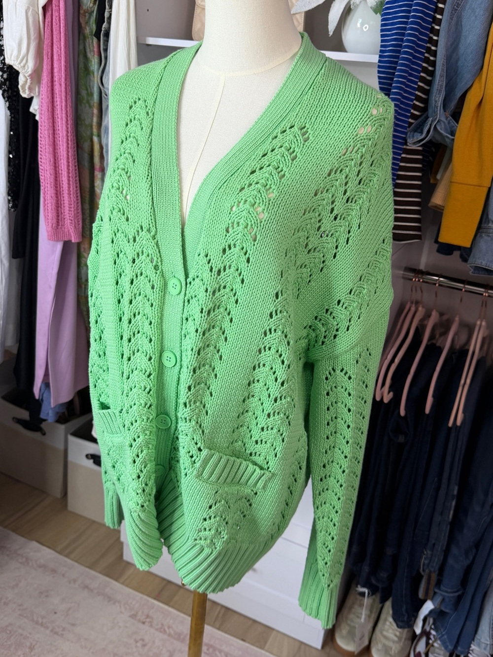 Scoop Light Green oversized Openwork V-Neck Button Cardigan Sweater